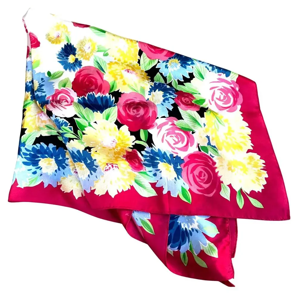 Vintage Pendleton silk scarf colorful floral square pink yellow watercolor motif